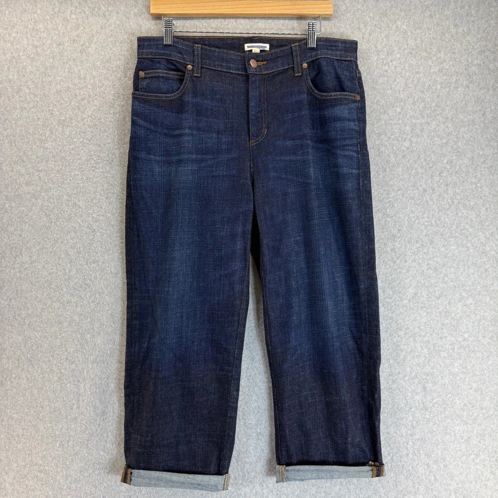 Eileen Fisher Size 8‎ Dark Wash Crop Jeans Denim Rolled Hem Straight High Rise